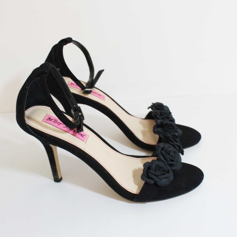 Betsey Johnson Black Rose Applique Sandal Heels